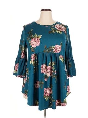 Reborn J Teal Floral Bell Sleeve Tunic